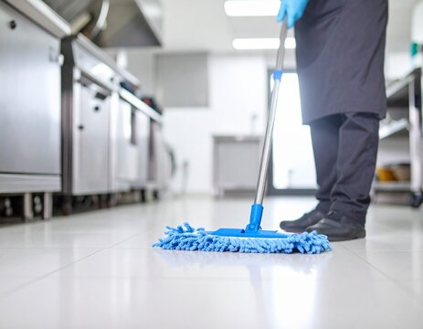 A person mops a clean kitchen floor, showcasing hygiene and cleanliness in a professional kitchen environment.