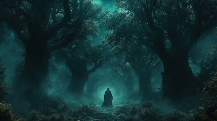 Solitary Figure in an Eerie, Teal-Lit Forest