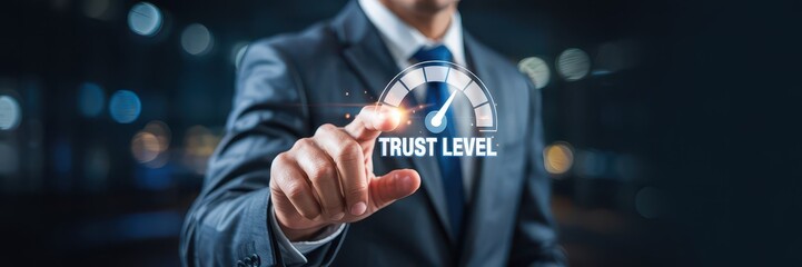 Businessperson interacting with trust level gauge.