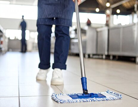 A person is mopping the floor in a commercial kitchen, emphasizing cleanliness and hygiene in a food preparation environment.