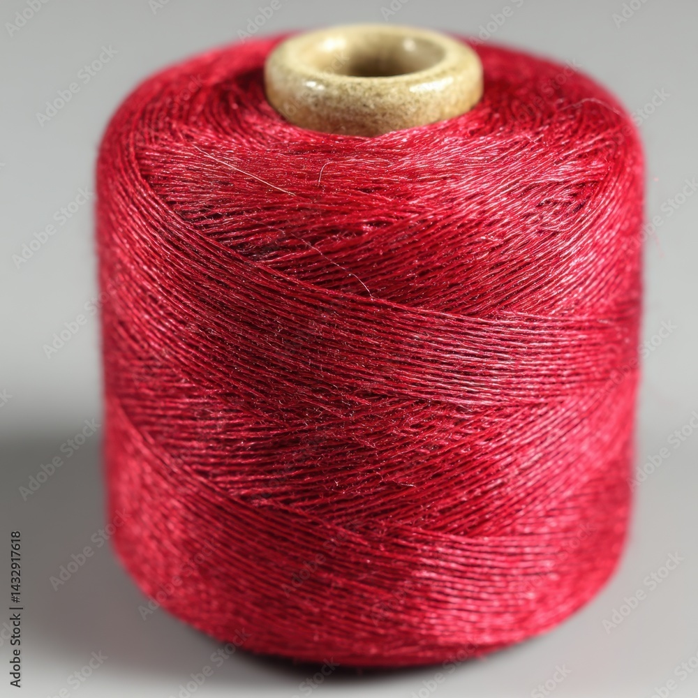 Poster vibrant red thread spool with a wooden core close up capturing the texture and color against a neutr
