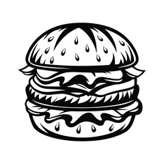 Monochrome Delicious Burger with Layers of Meat, Cheese, and Lettuce Design