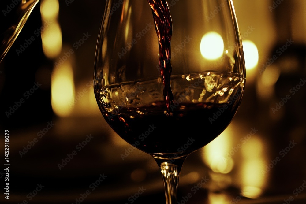 Poster pouring red wine into a glass in a dimly lit setting creating a warm and inviting atmosphere with a 