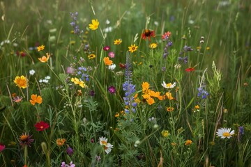 Obraz premium A close-up view of wildflowers blooming in a lush meadow, Sparse patches of wildflowers peeking through the grass