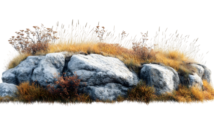 Dry grass meadow and rocks isolated on white background