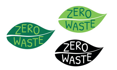 Set of zero waste cartoon lettering inside a leaf illustration design. Environment protection, ecology, and eco friendly. Color phrase vector clipart. Encouraging quote or slogan.