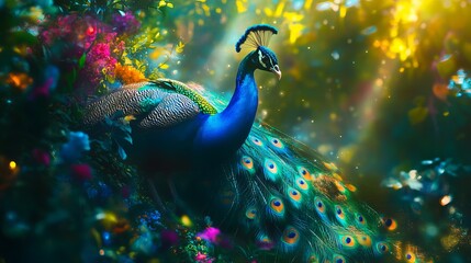 A majestic peacock displaying its colorful plumage amidst vibrant flowers in a serene, sunlit garden.