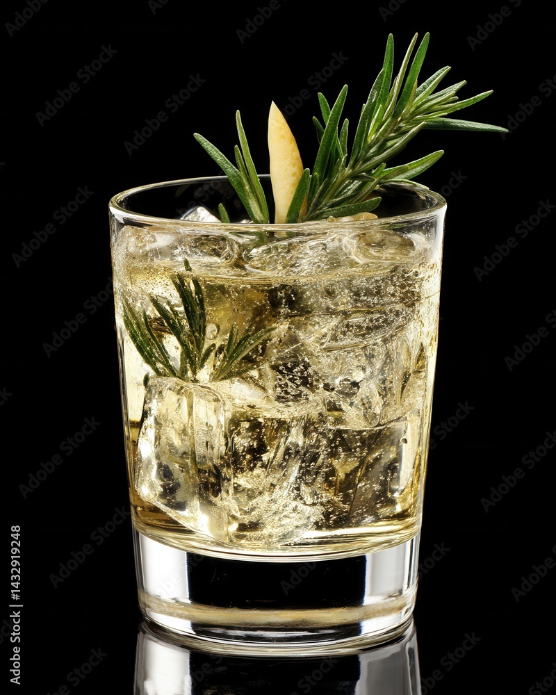 Poster refreshing cocktail with rosemary and ice cubes on a black background creating a sophisticated and i