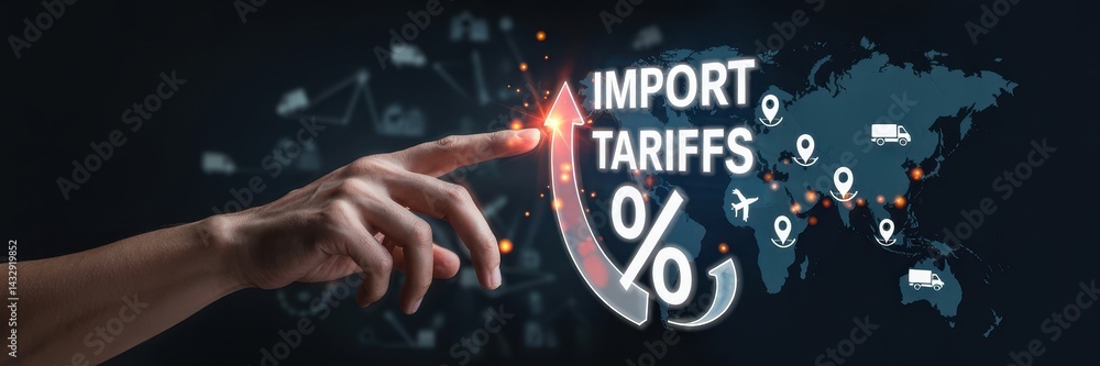 Poster rising import tariffs visualized on a global map.