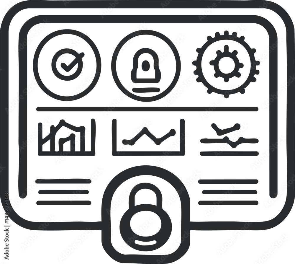 Poster black and white line illustration of a security dashboard with lock icon and analytic charts