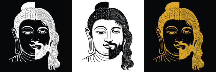 The split face of Buddha (Buddhism) and Jesus (Christ) represents the theme of transformation, duality and the spiritual path. Three designs (gold, white, black) in contrasting shades.