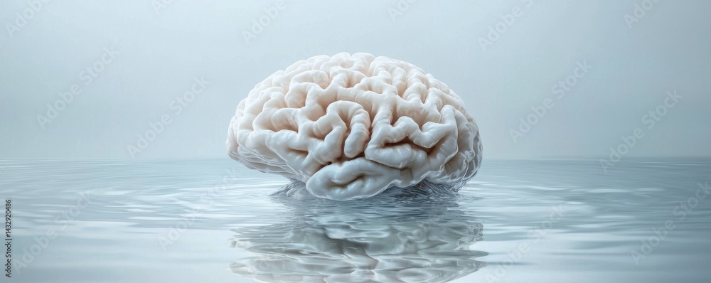 Poster a surreal representation of a brain floating in calm waters, embodying tranquility and thought.