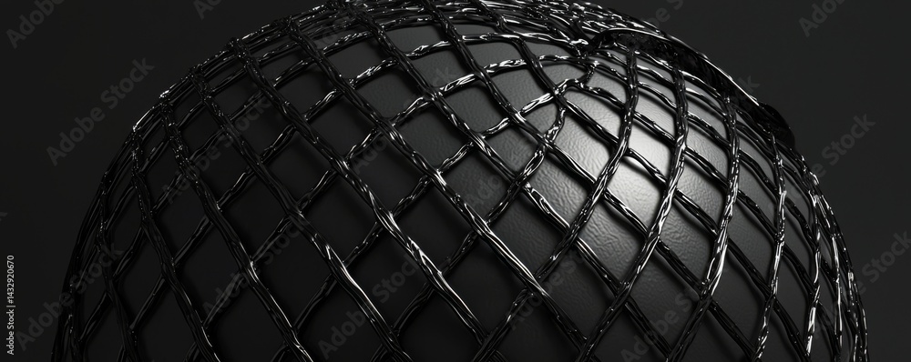 Poster a textured black sphere surrounded by a wire mesh, creating an artistic visual effect.