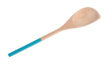 Wooden empty spoon with blue aqua color handle isolated on white background, wooden spoon template, copy space
