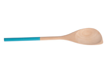 Wooden empty spoon with blue aqua color handle isolated on white background, wooden spoon template, PNG transparent