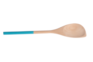 Wooden empty spoon with blue aqua color handle isolated on white background, wooden spoon template, PNG transparent