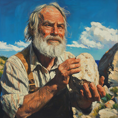 old man holding rock sunny day