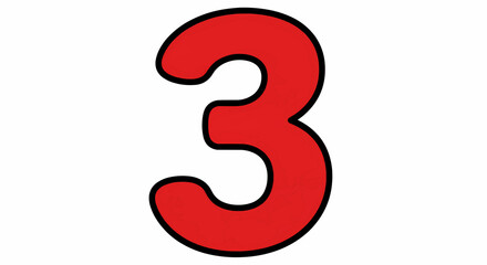 Naklejka premium Digitally created image on a plain white background depicting the number three in a stylized style. The number three is depicted in a deep, flat red color, with sharp black borders. Vector 