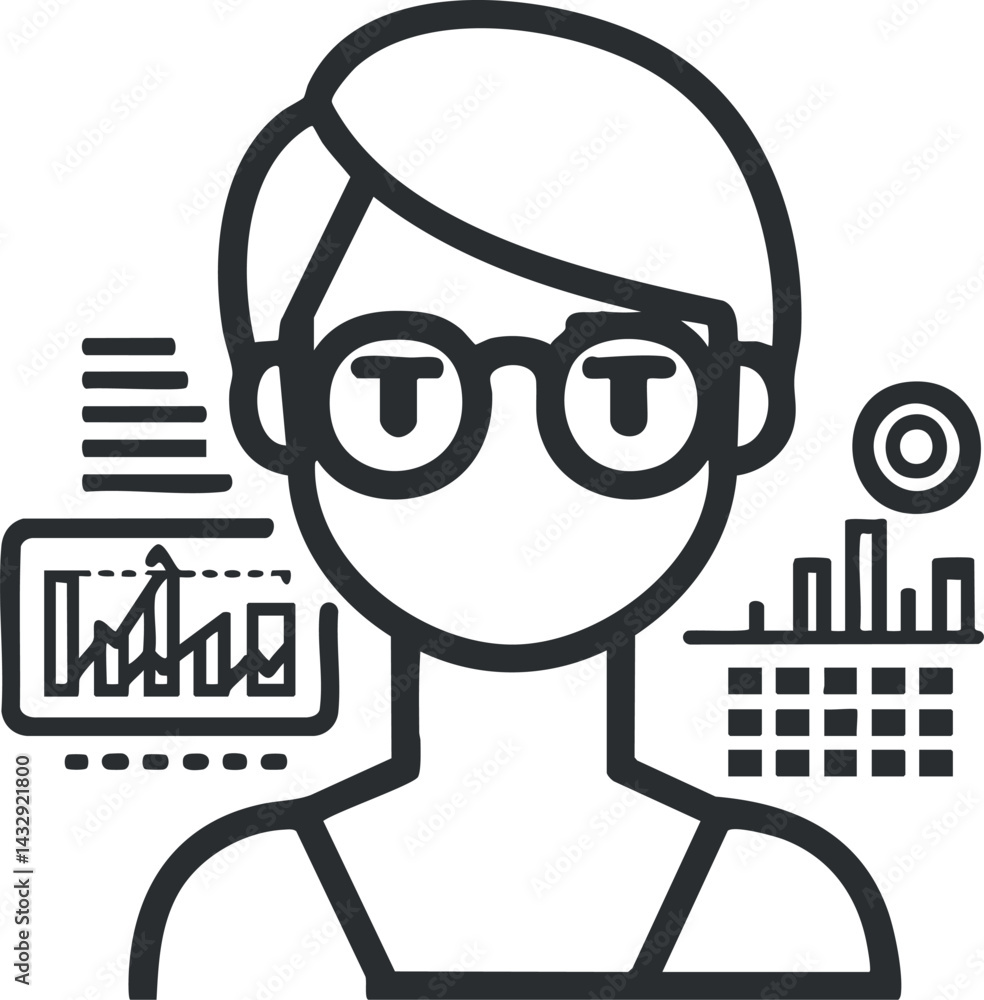Poster illustration of a person with glasses surrounded by charts and graphs representing data analytics an