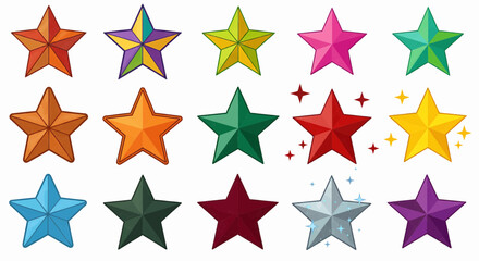 Three rows of colorful star motifs on a white background. They come in a variety of shapes and colors: a four-pointed star and a traditional five-pointed star divided into teal and lime green. Vector 