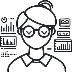 Line art illustration of a woman analyzing data charts and graphs on digital screens