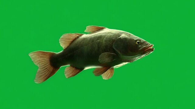 Tench Fish on Green Screen: A detailed close-up of a tench fish, showcasing its scales, fins, and unique features, set against a vibrant green screen for easy compositing.
