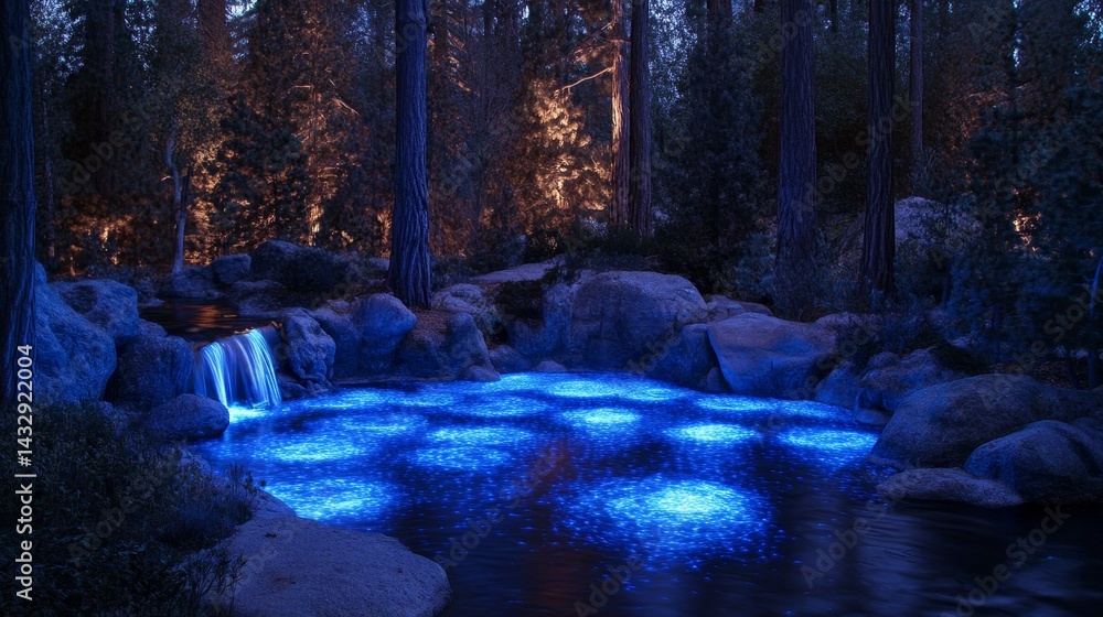 Poster illuminated water feature in a forest setting with trees and rocks.