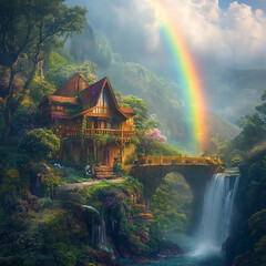 picturesque image captures ethereal beauty of a radiant rainbow gracefully spanning across a quaint abode nestled amidst a verdant oasis, seamlessly merging realms of human ingenuity, natural splendor