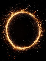 Golden light circle with sparks on a dark background creating a magical and ethereal atmosphere perfect for abstract design and cosmic concepts