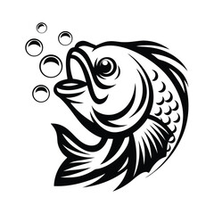 Naklejka premium Black Silhouette Fish Illustration, Bubbles Ascending, Detailed Fins and Open Mouth