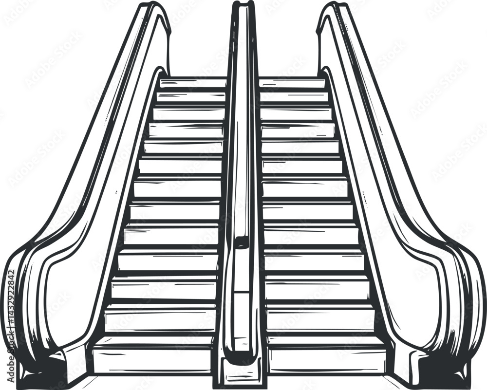 Poster Black and white sketch of an escalator with steps and handrails for upward and downward movement in public spaces