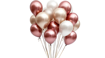 Elegant metallic balloons in gold and rose tones, with space for text, isolated on white background