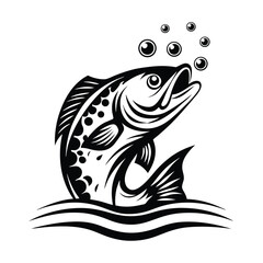 Black & White Silhouette Jumping Fish, Waves and Bubbles Above, Aquatic Animal