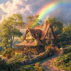 picturesque image captures ethereal beauty of a radiant rainbow gracefully spanning across a quaint abode nestled amidst a verdant oasis, seamlessly merging realms of human ingenuity, natural splendor