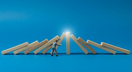 Stopping Domino Effect Miniature Person Preventing Falling Blocks