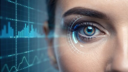 Close-up of a woman's eye with digital overlays, symbolizing technology, data analysis, and biometric security.