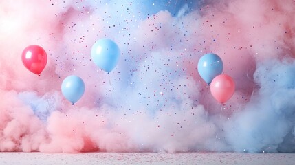 Pink and blue balloons floating amidst confetti cloud, gender reveal party backdrop