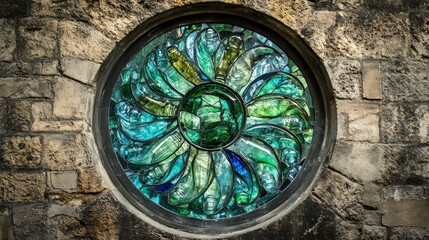 Round stained glass window with green blue and yellow colors in stone wall.