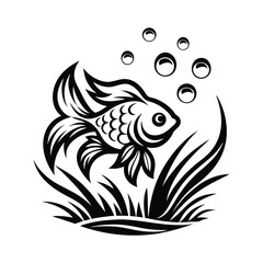 Black Silhouette Fish with Bubbles and Seaweed Elegant Minimalist Logo Design