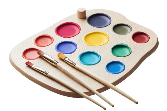 A wooden art palette with paintbrushes and color palettes isolated on a transparent background PNG - Powered by Adobe