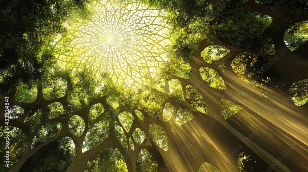 Poster abstract fractal art with green yellow and light rays creating a floral pattern.