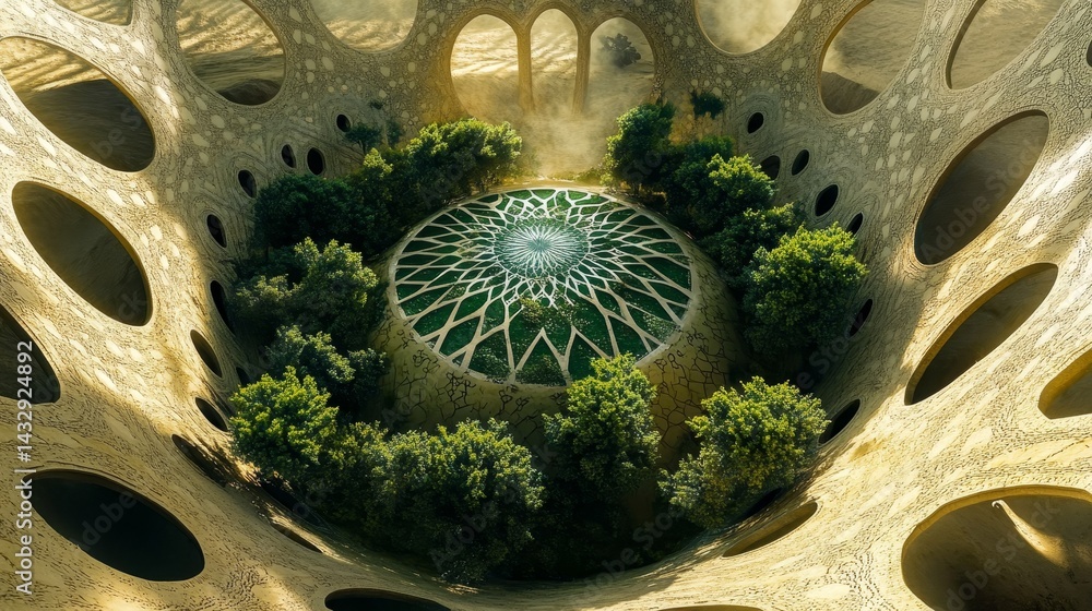 Poster futuristic building with dome roof surrounded by trees in a circular structure.