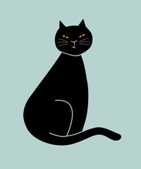 Black cat sitting, sly feline vector illustration.