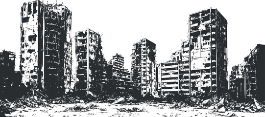 Black and white illustration of destroyed urban buildings showing postapocalyptic city ruins and devastation