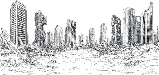 Black and white sketch of a post-apocalyptic city with destroyed high-rise buildings and rubble © vadymstock