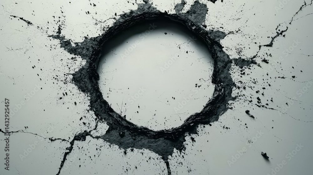 Poster an abstract view of a cracked surface with a circular hole in the center.