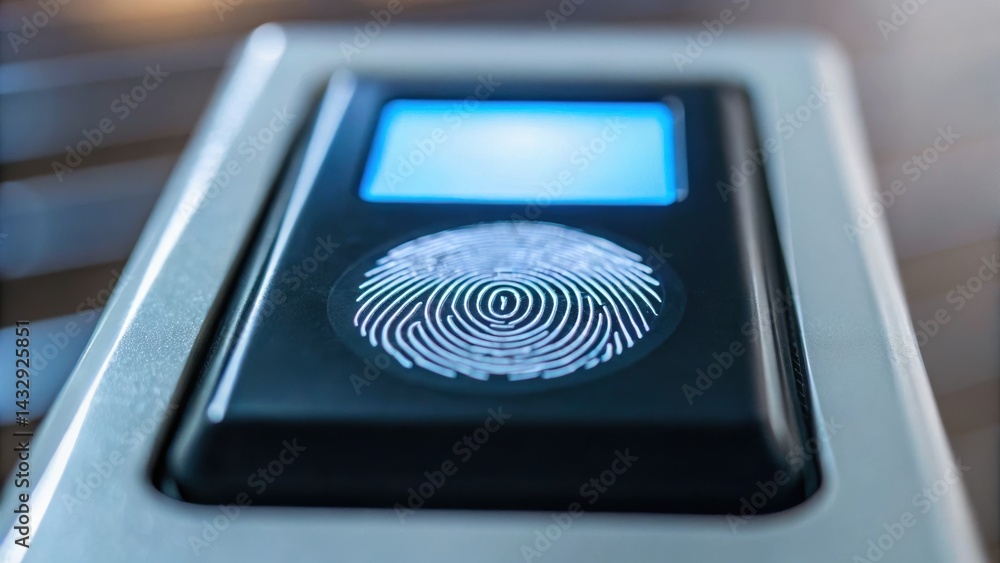 Poster futuristic fingerprint scanner with a blue display, emphasizing security and technology in modern de
