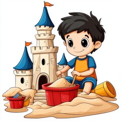 Happy Boy Building a Blue and Beige Sandcastle on a White Background