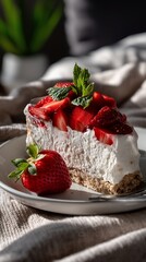 Fresh strawberry cheesecake slice on a plate