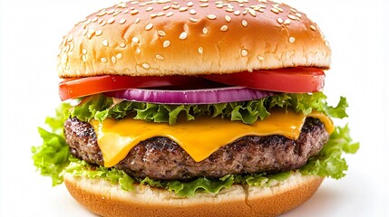 Delicious Big Cheese Burger with Fresh Tomato and Lettuce Isolated on White Background